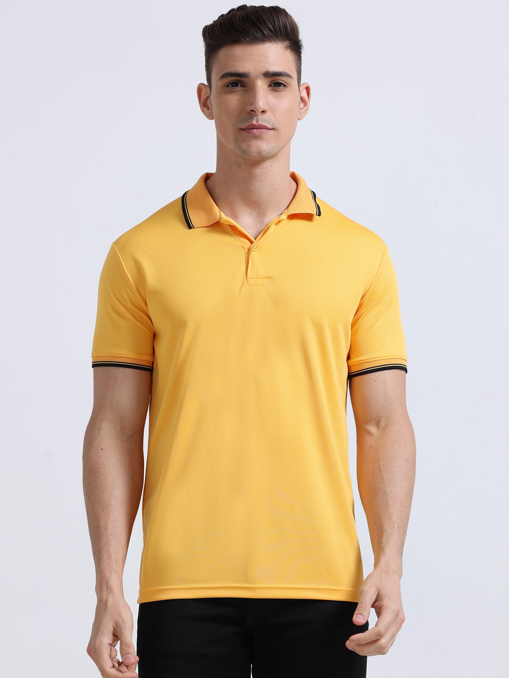 front view of primoknit drift polo tshirt unisex for men Yellow