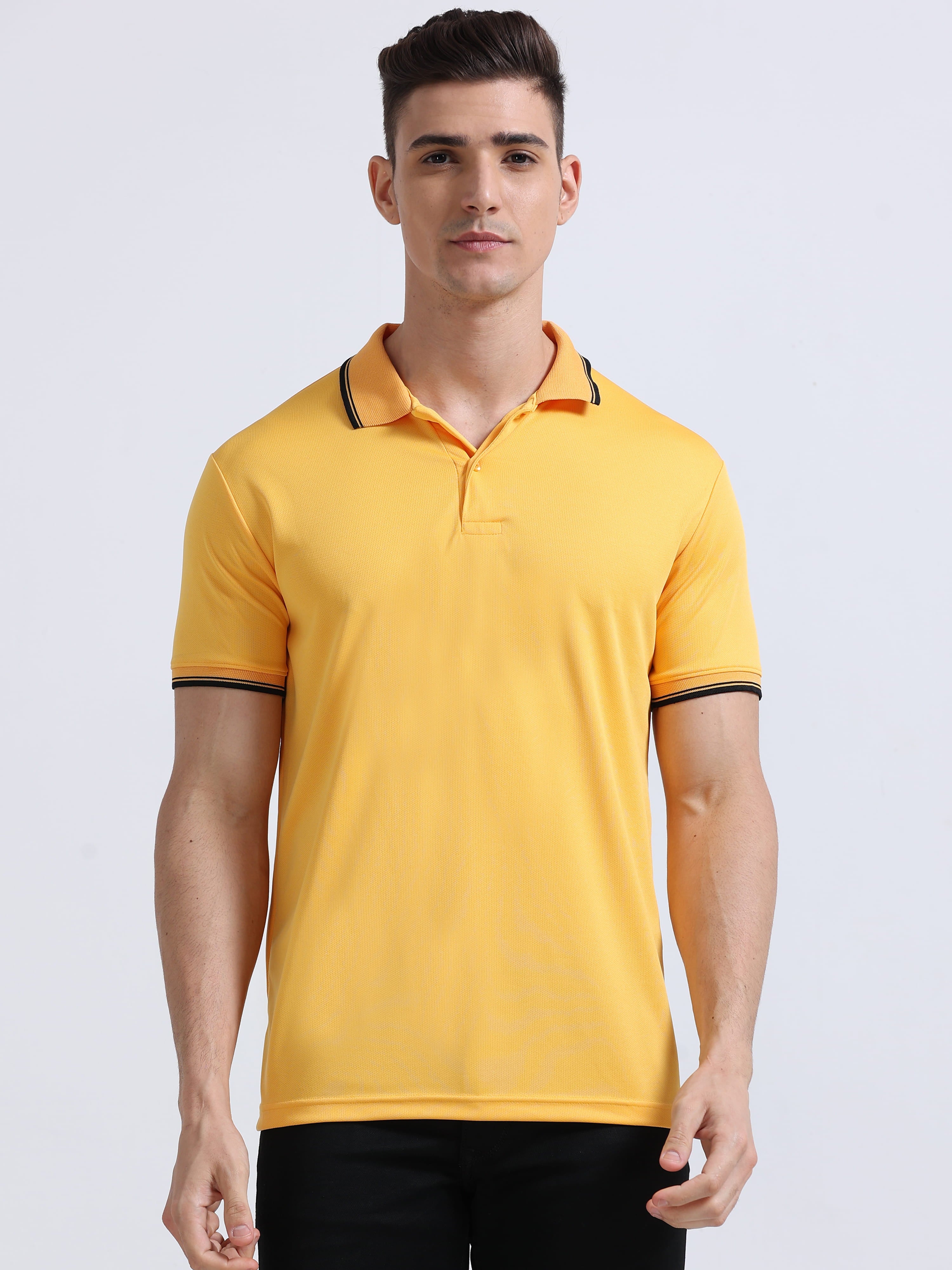 front view of primoknit drift polo tshirt unisex for men Yellow