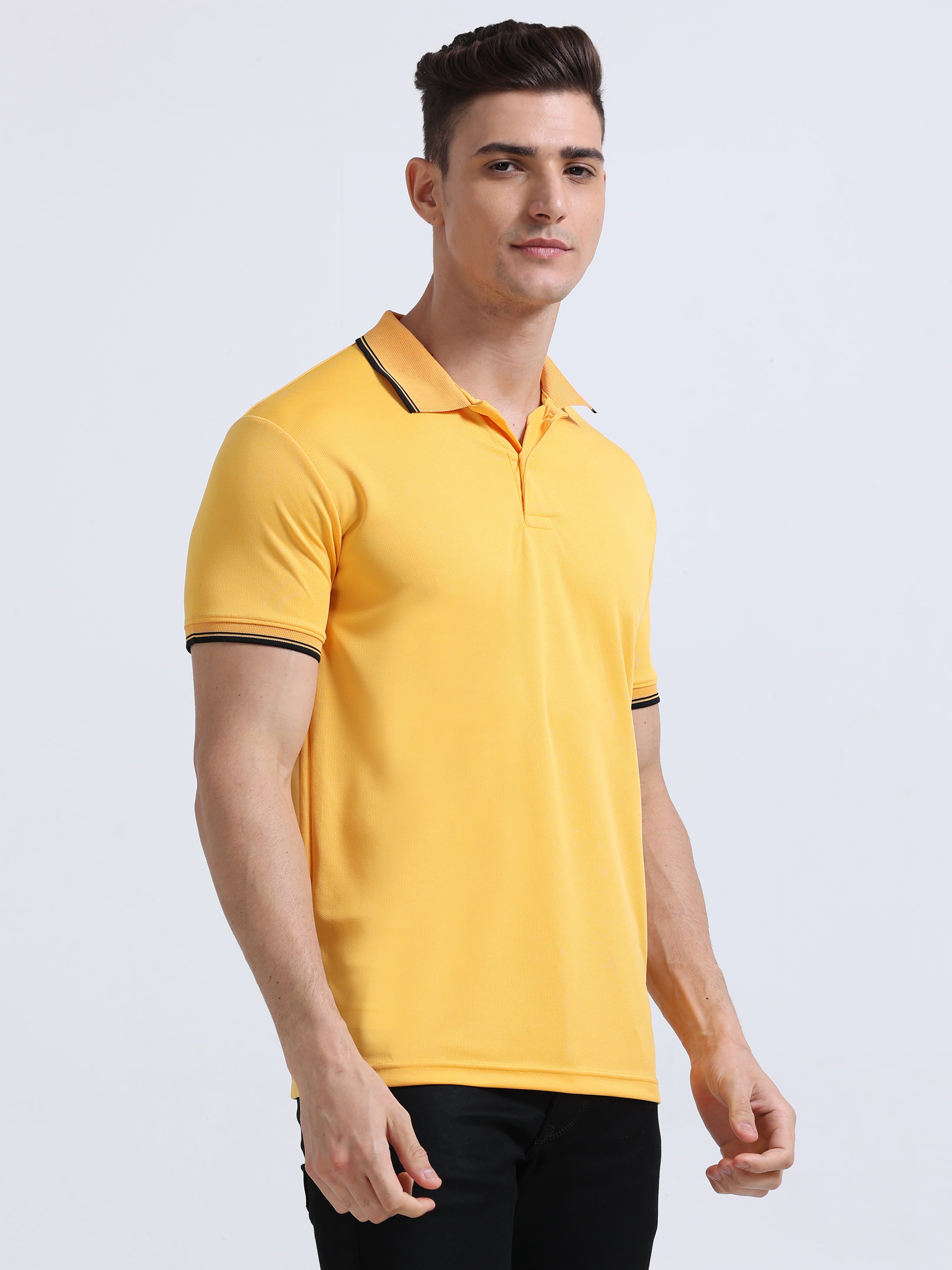 front side view of primoknit drift polo tshirt unisex for men Yellow