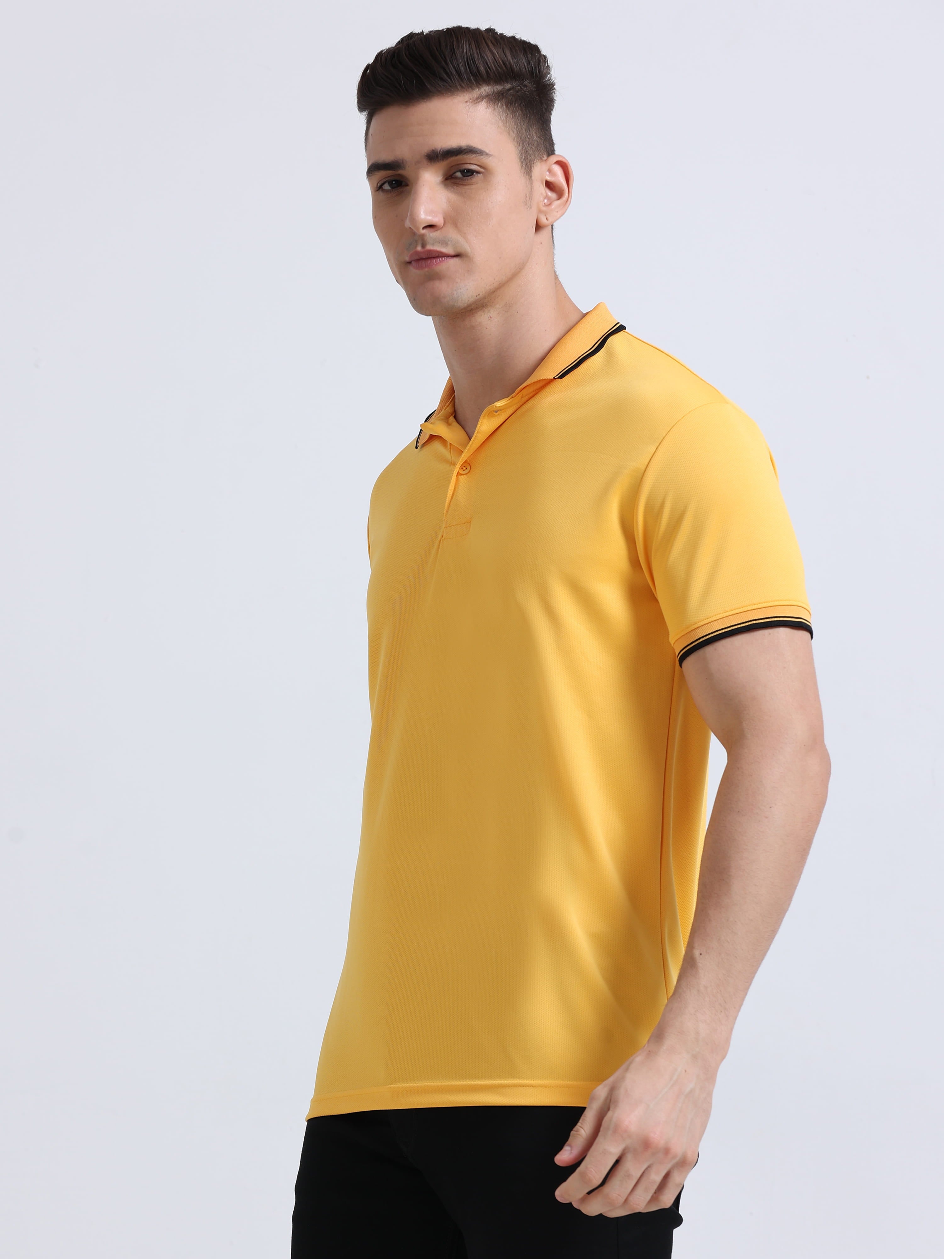 front  left view of primoknit drift polo tshirt unisex for men Yellow