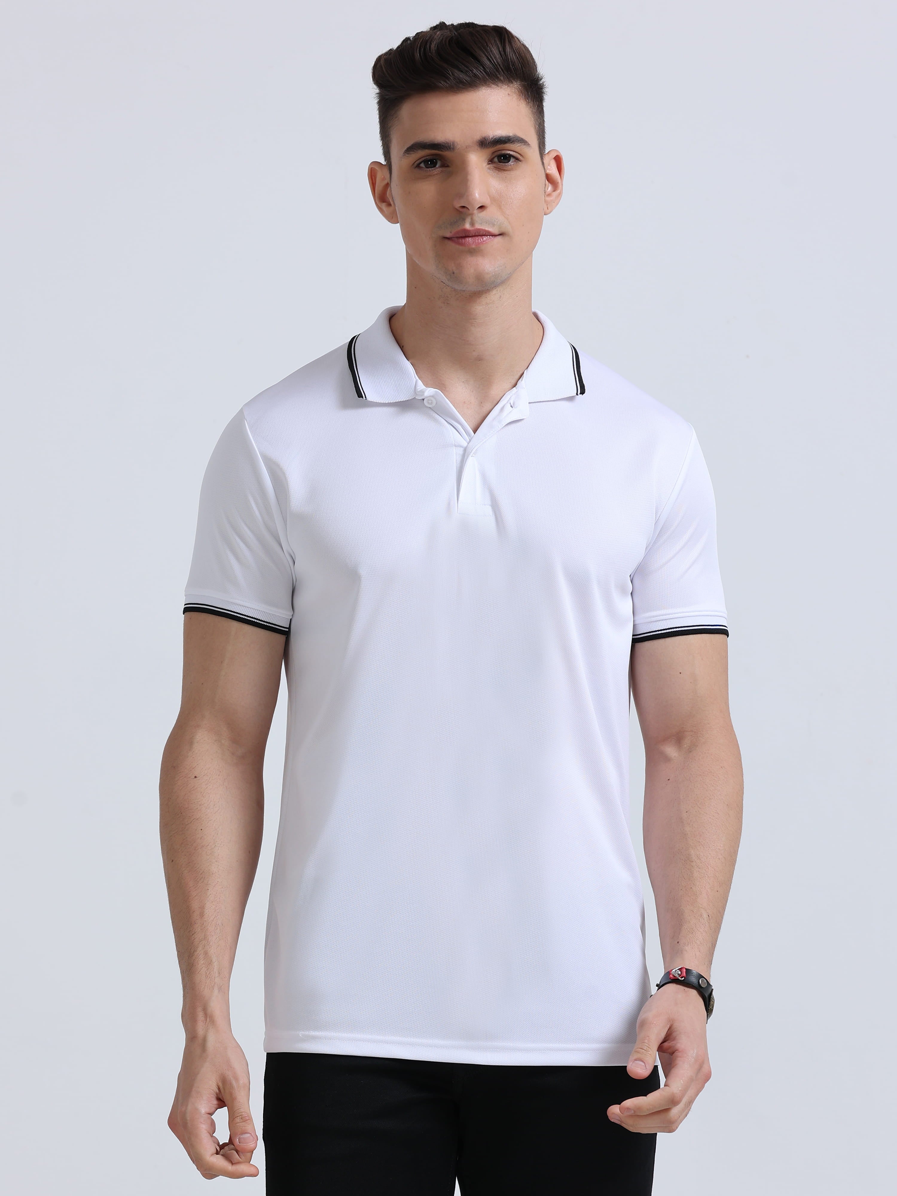 front view of primoknit drift polo tshirt unisex for men White