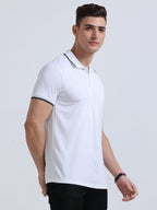 side view of primoknit drift polo tshirt unisex for men White