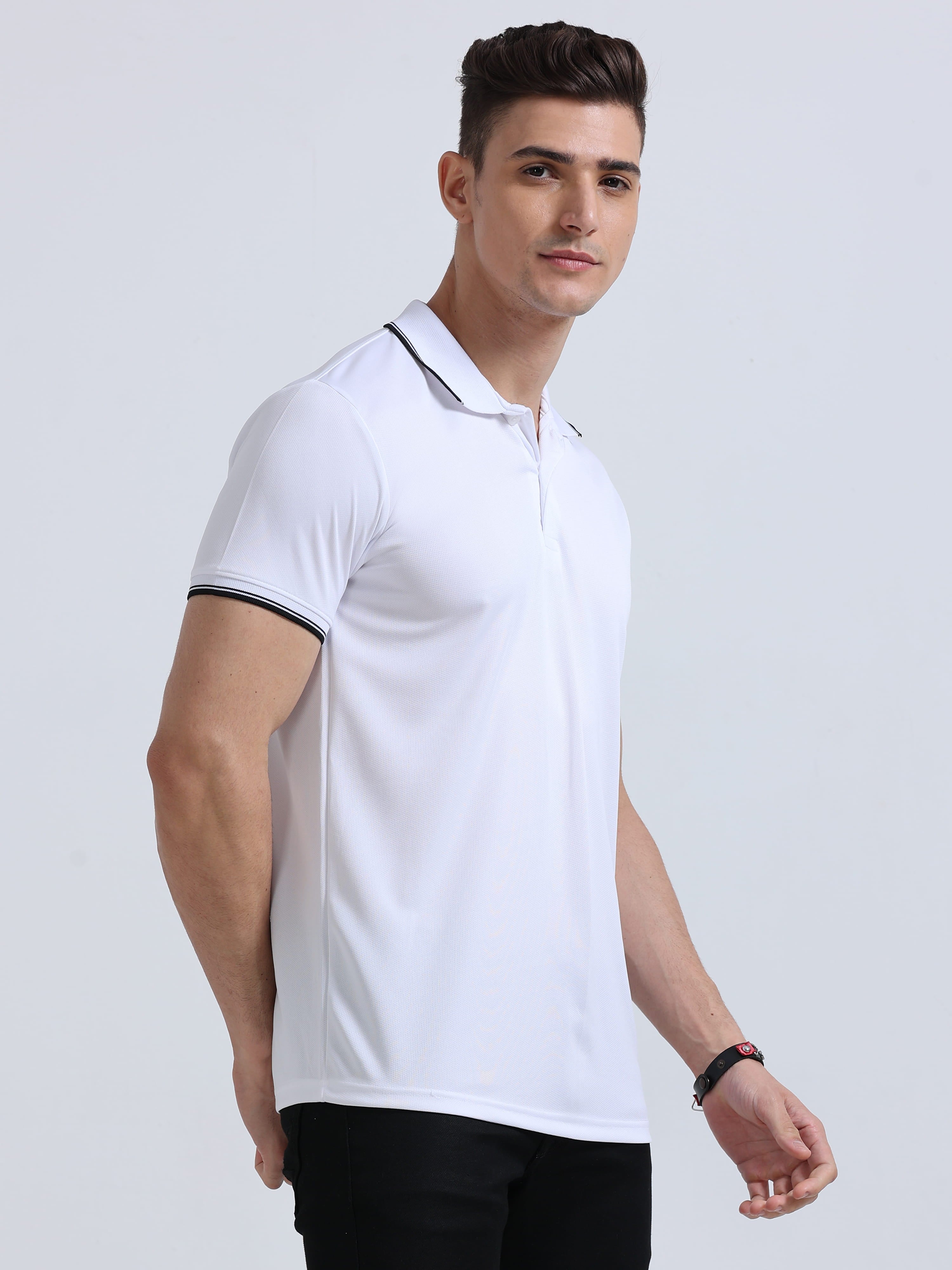 side view of primoknit drift polo tshirt unisex for men White