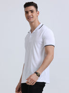 front side view of primoknit drift polo tshirt unisex for men White