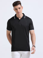 front view of primoknit drift polo tshirt unisex for men Black