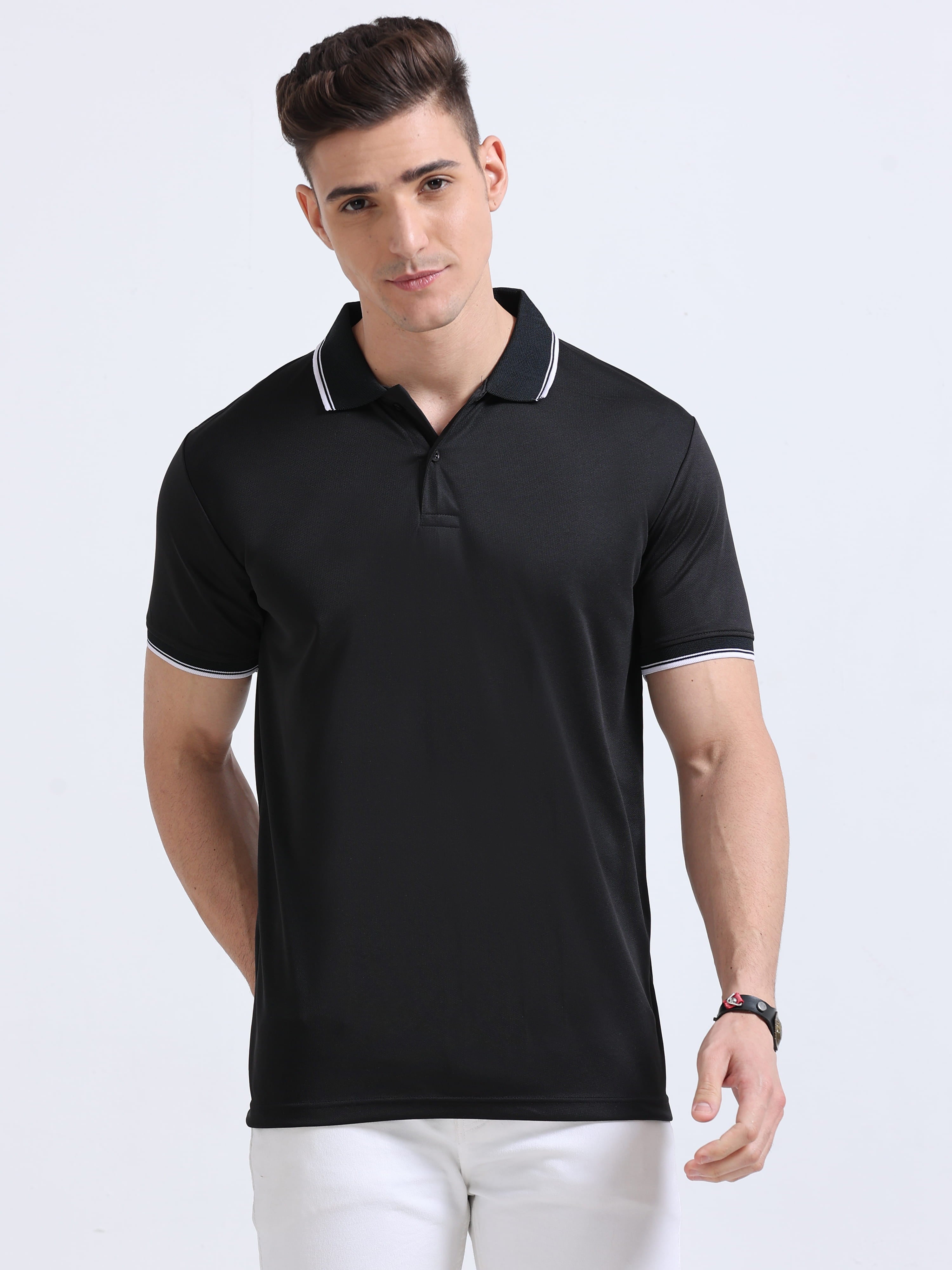front view of primoknit drift polo tshirt unisex for men Black