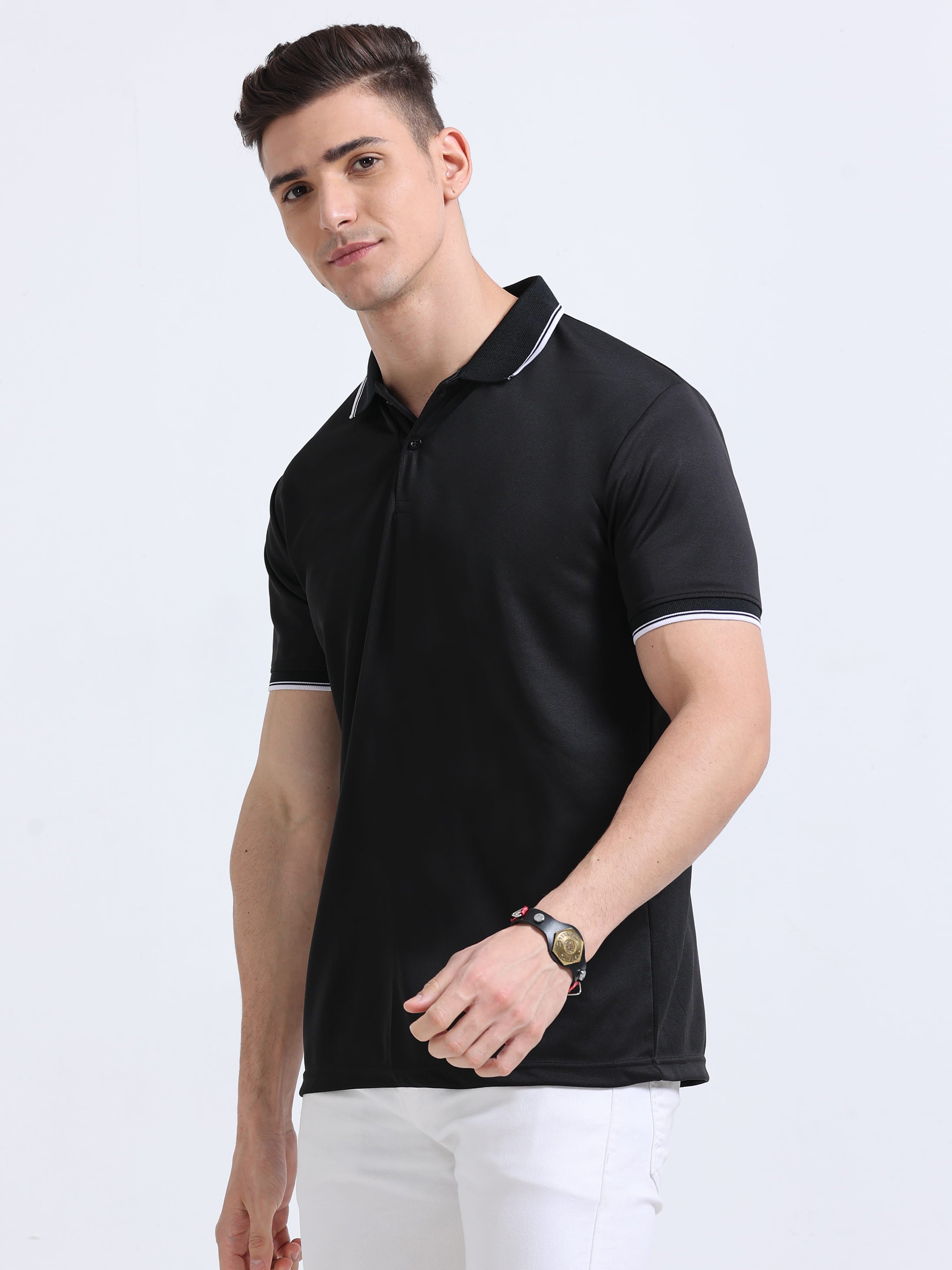 side view of primoknit drift polo tshirt unisex for men Black