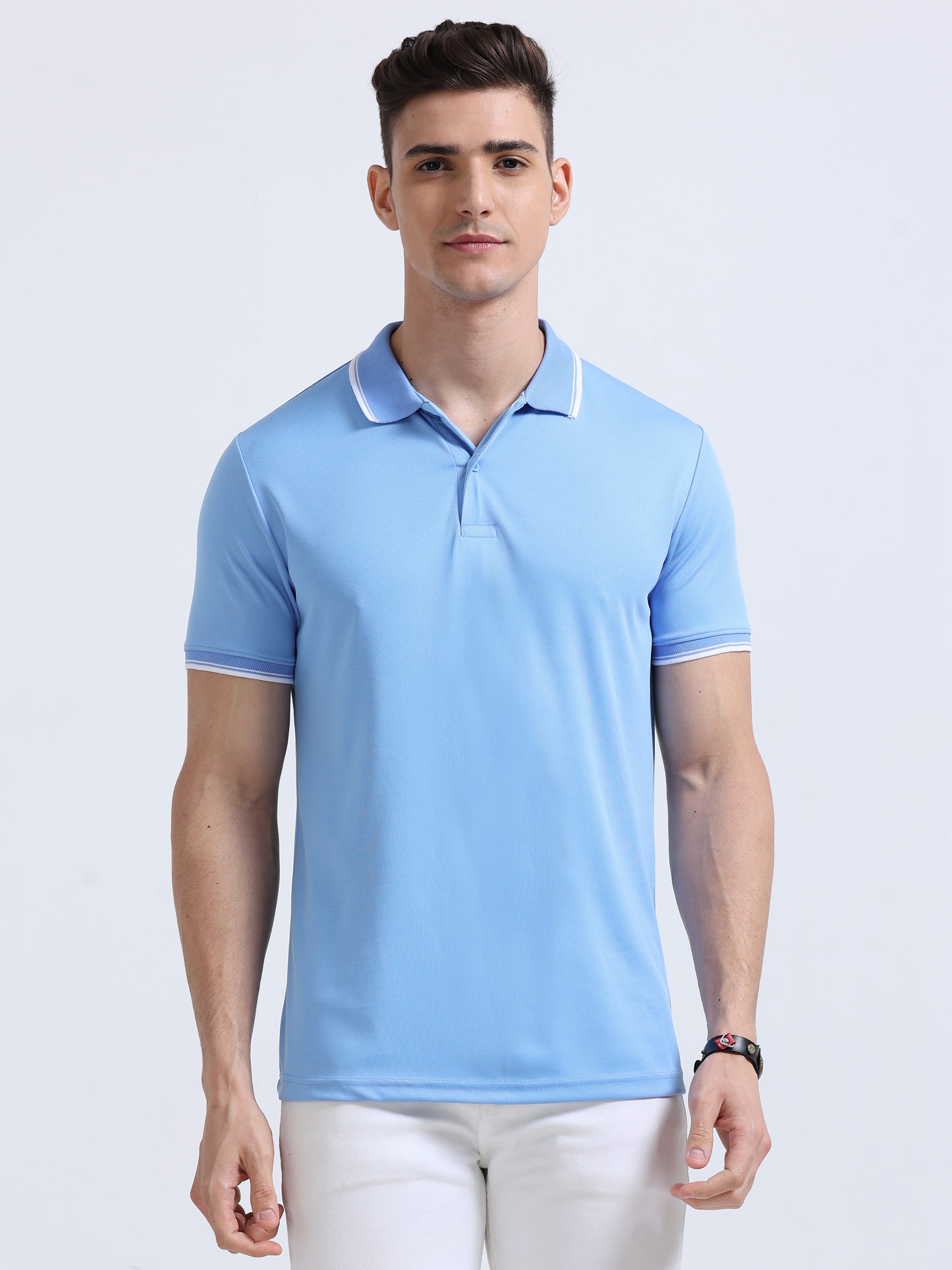 front view of primoknit drift polo tshirt unisex for men Sky Blue