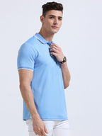 right side view of primoknit drift polo tshirt unisex for men Sky Blue