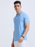 left view of primoknit drift polo tshirt unisex for men Sky Blue