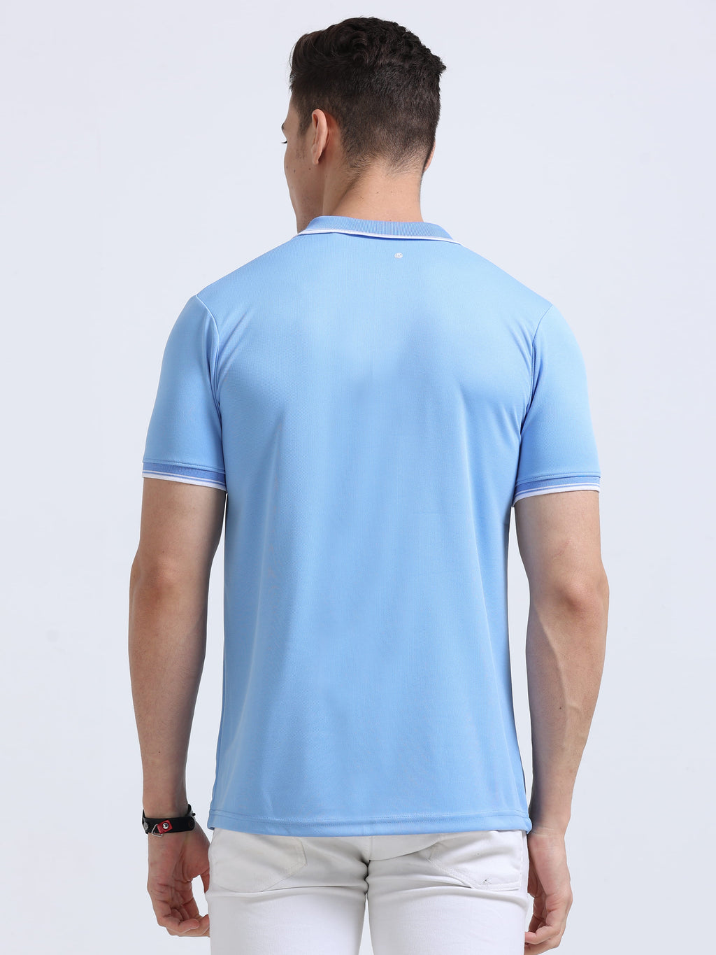 back view of primoknit drift polo tshirt unisex for men Sky Blue