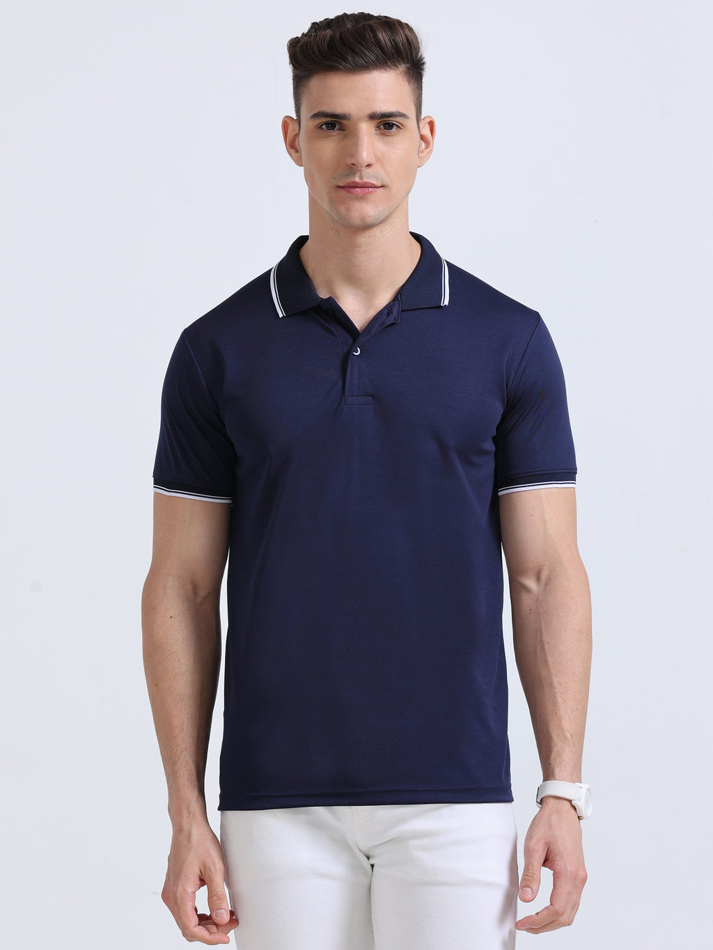 front view of primoknit drift polo tshirt unisex for men Navy Blue