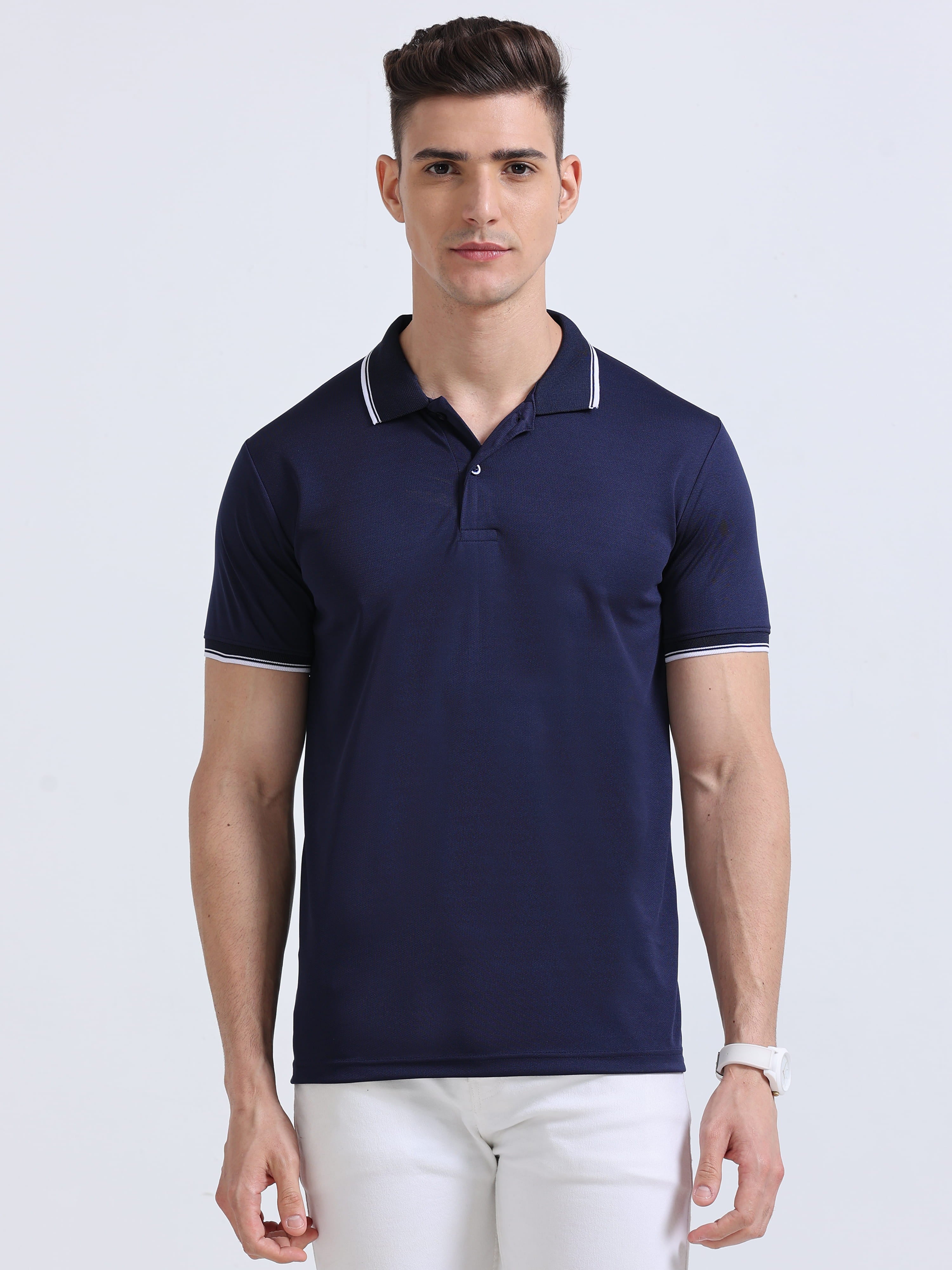 front view of primoknit drift polo tshirt unisex for men Navy Blue