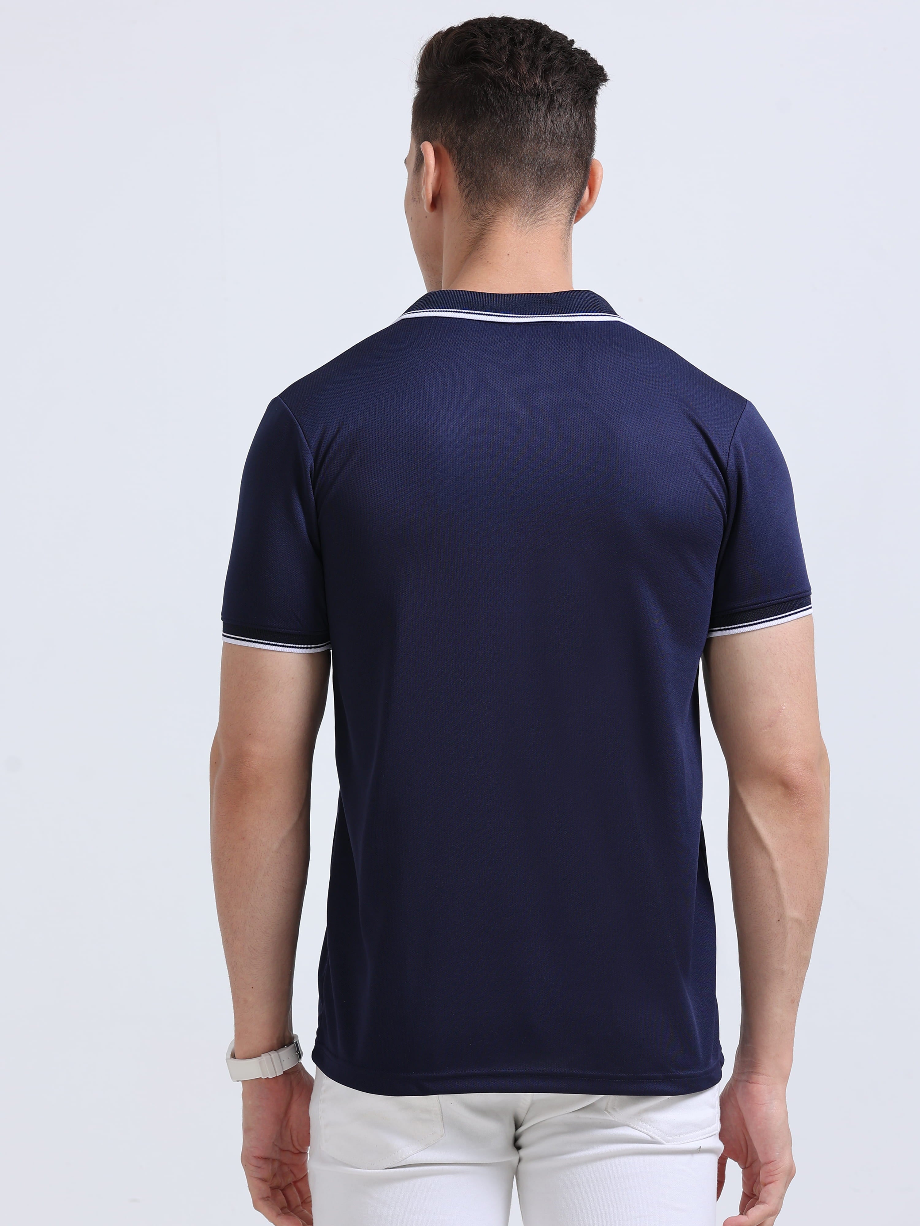 back view of primoknit drift polo tshirt unisex for men Navy Blue