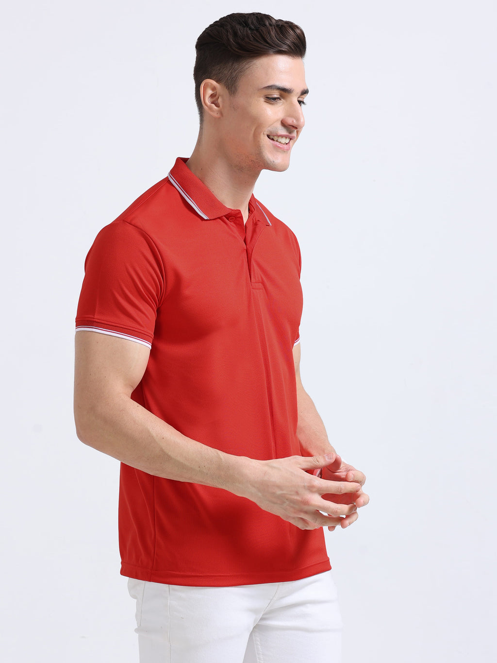 front side view of primoknit drift polo tshirt unisex for men Red