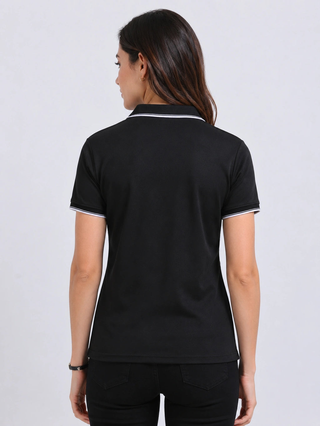 back view of primoknit drift polo tshirt unisex for women Black
