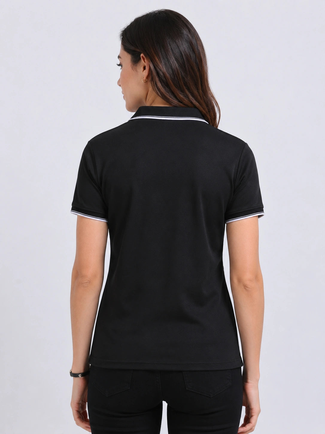 back view of primoknit drift polo tshirt unisex for women Black