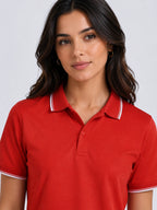 close view of primoknit drift polo tshirt unisex for women Red