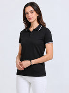 side view of primoknit drift polo tshirt unisex for women Black