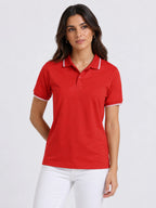 front view of primoknit drift polo tshirt unisex for women Red