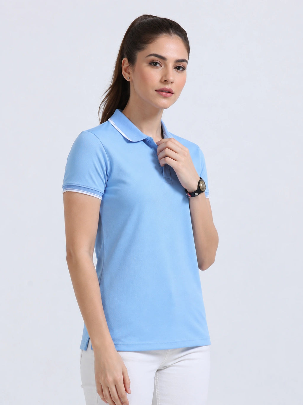 side view of primoknit drift polo tshirt unisex for women Sky Blue