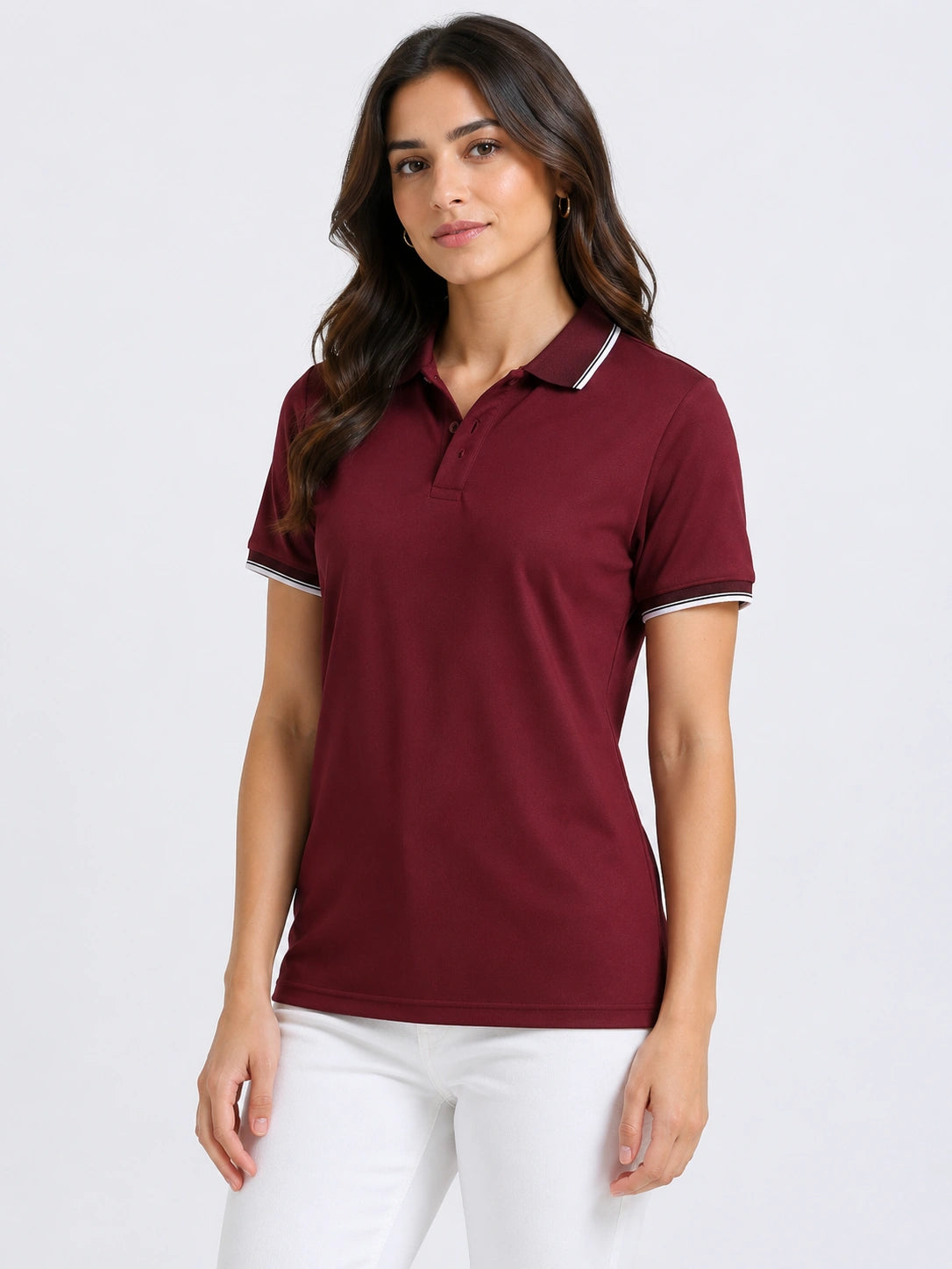 side view of primoknit drift polo tshirt unisex for women Maroon