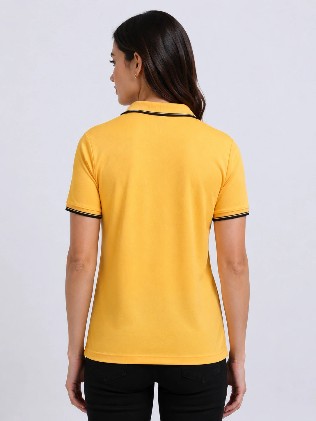 back view of primoknit drift polo tshirt unisex for women Yellow
