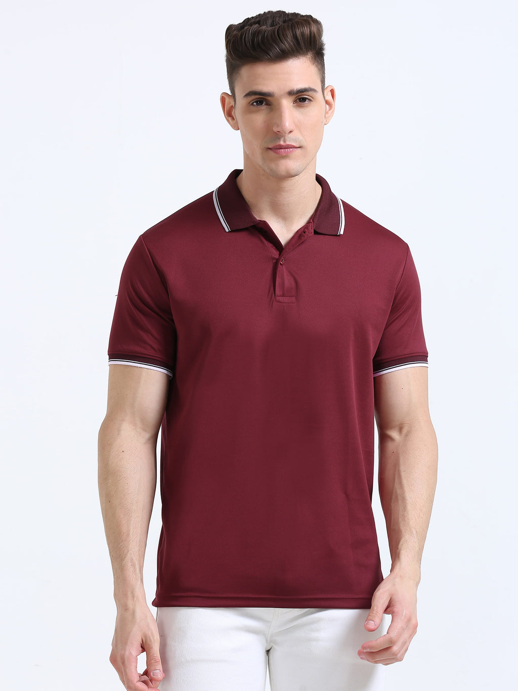 front view of primoknit drift polo tshirt unisex for men Maroon