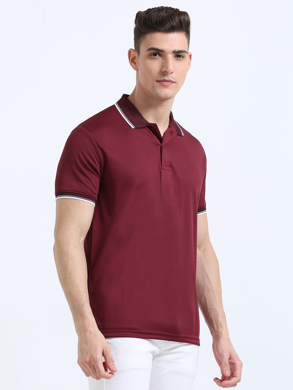 front  side view of primoknit drift polo tshirt unisex for men Maroon