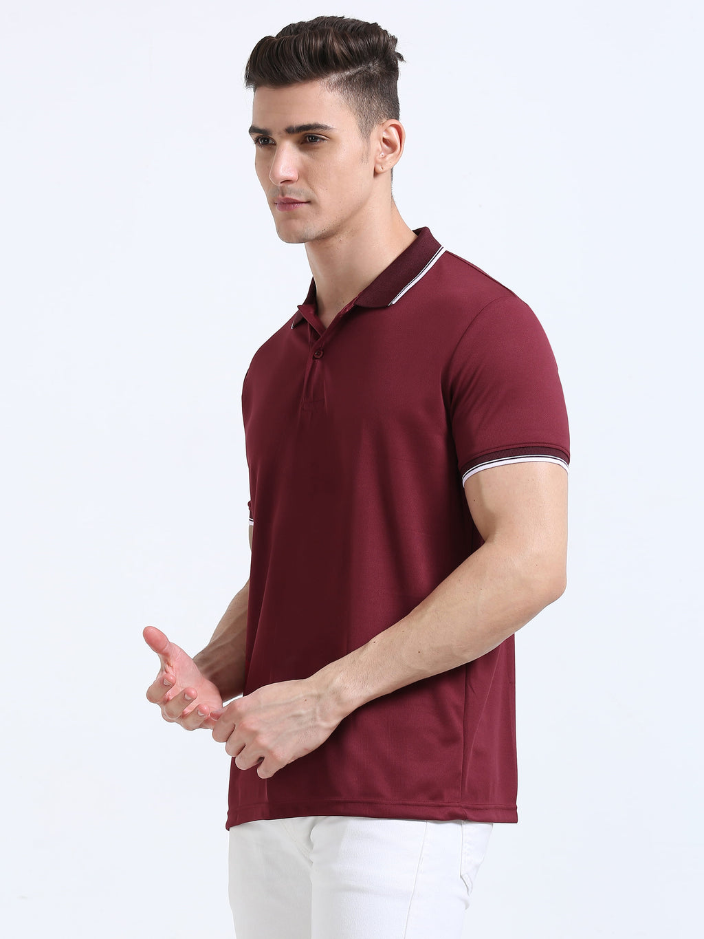 front left view of primoknit drift polo tshirt unisex for men Maroon