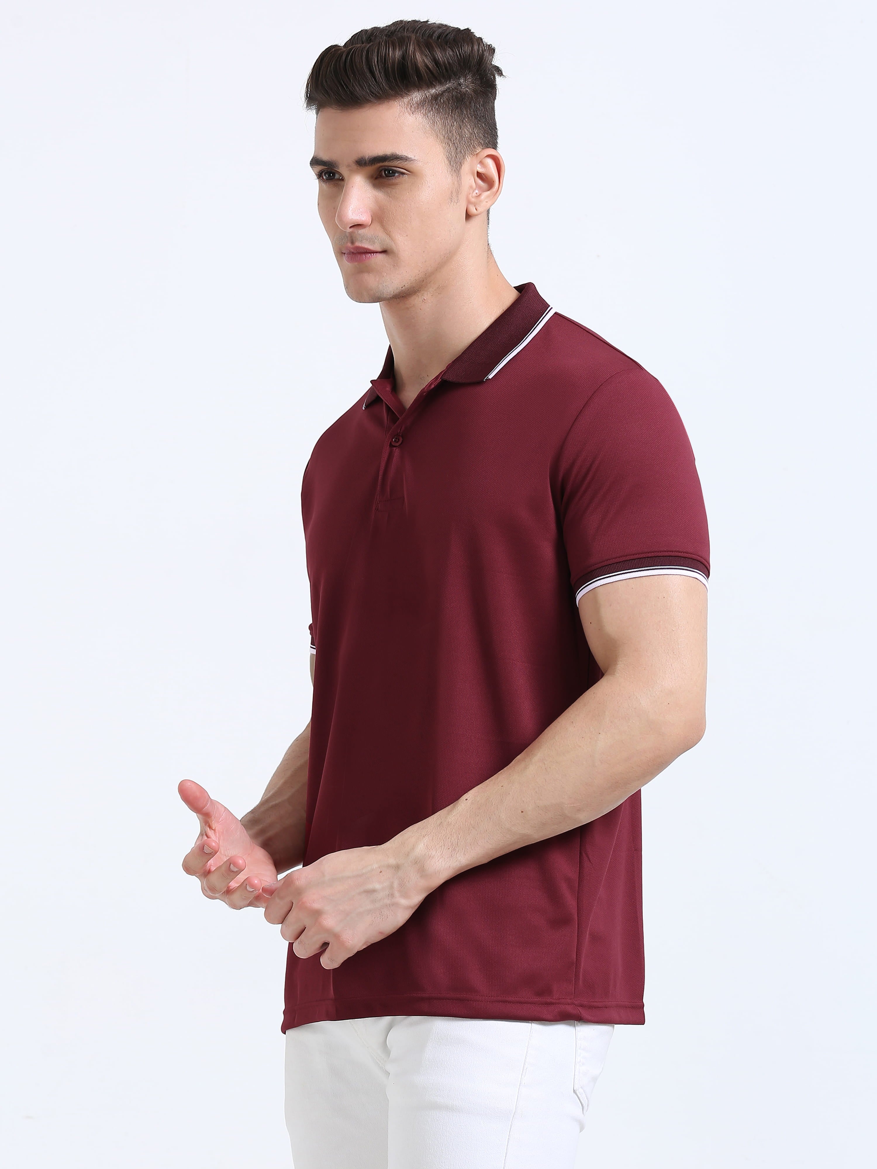 front left view of primoknit drift polo tshirt unisex for men Maroon