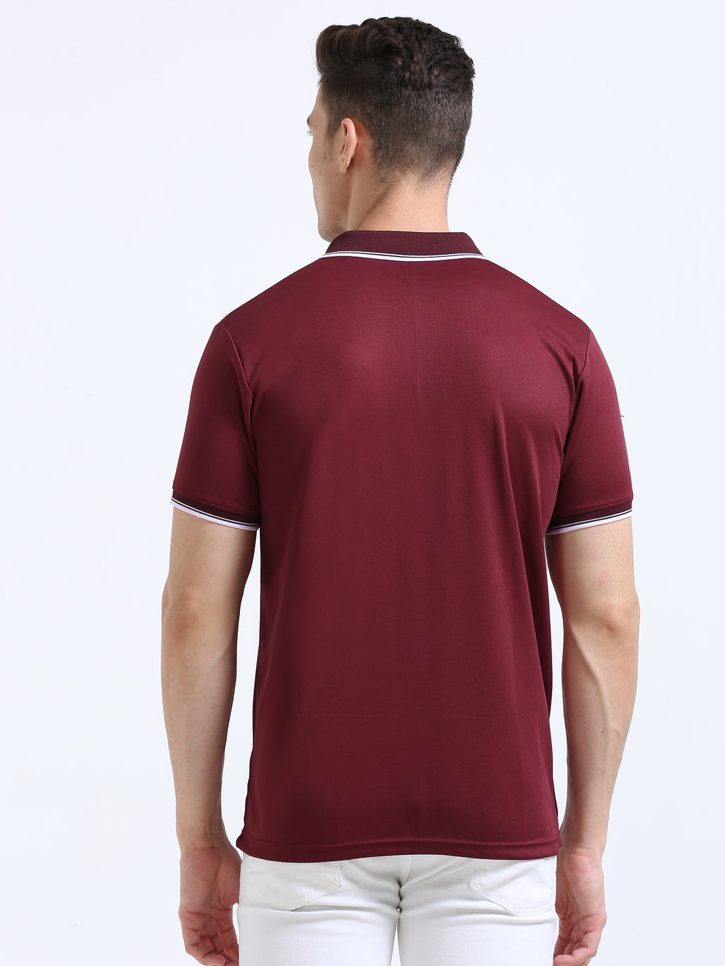 back view of primoknit drift polo tshirt unisex for men Maroon