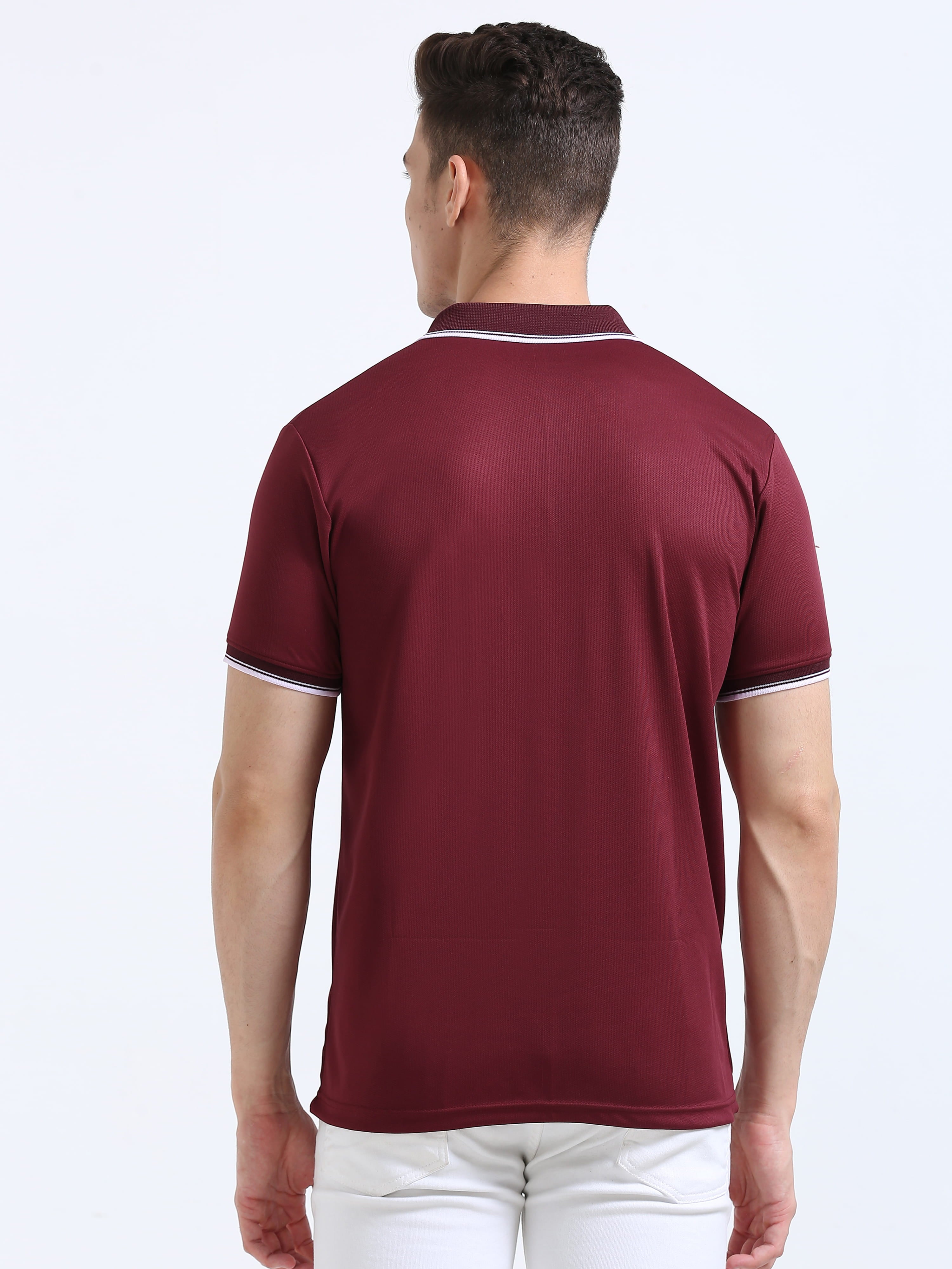 back view of primoknit drift polo tshirt unisex for men Maroon
