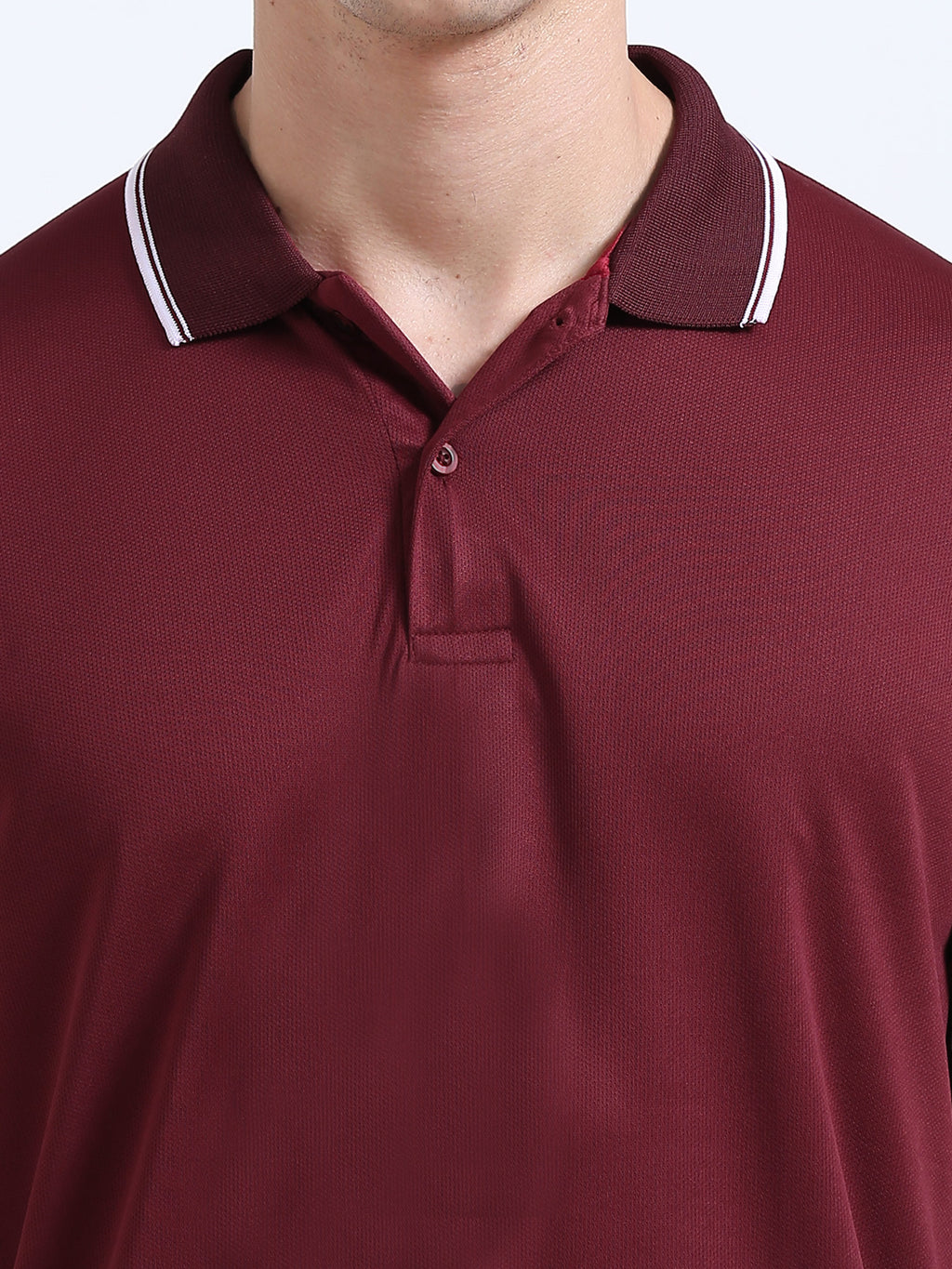 close view of primoknit drift polo tshirt unisex for men Maroon