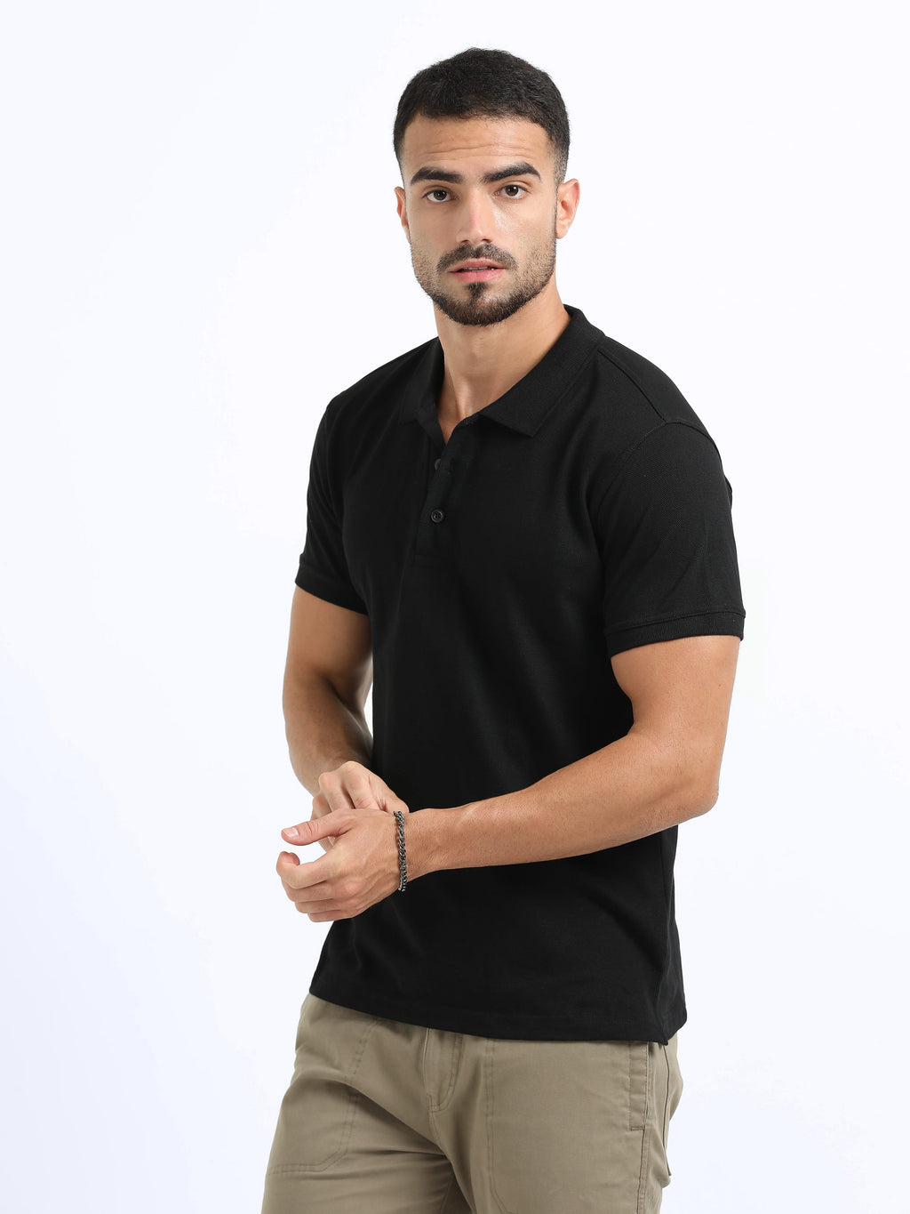 side view organic cotton polo tshirt for men Black