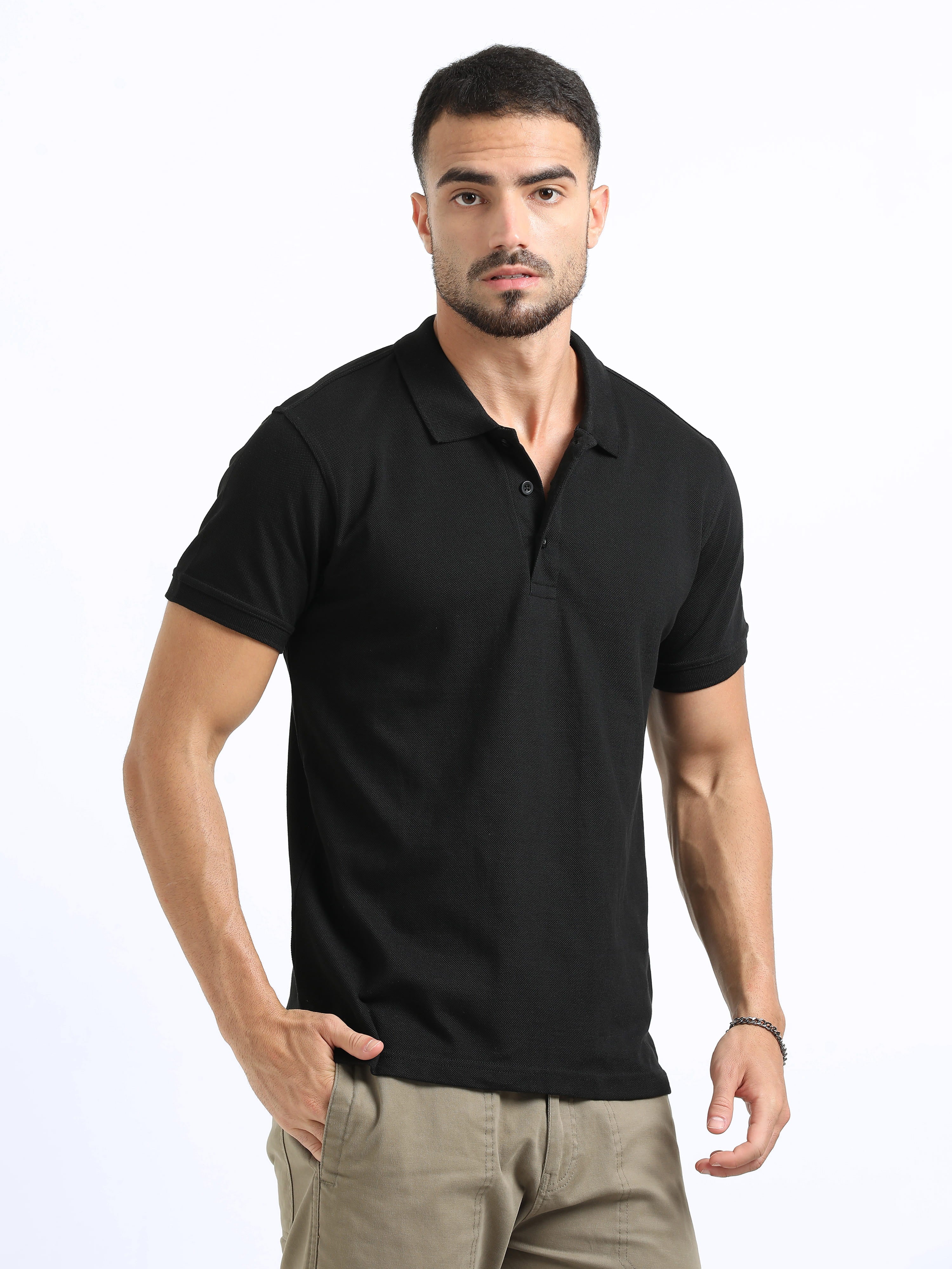 front side view organic cotton polo tshirt for men Black