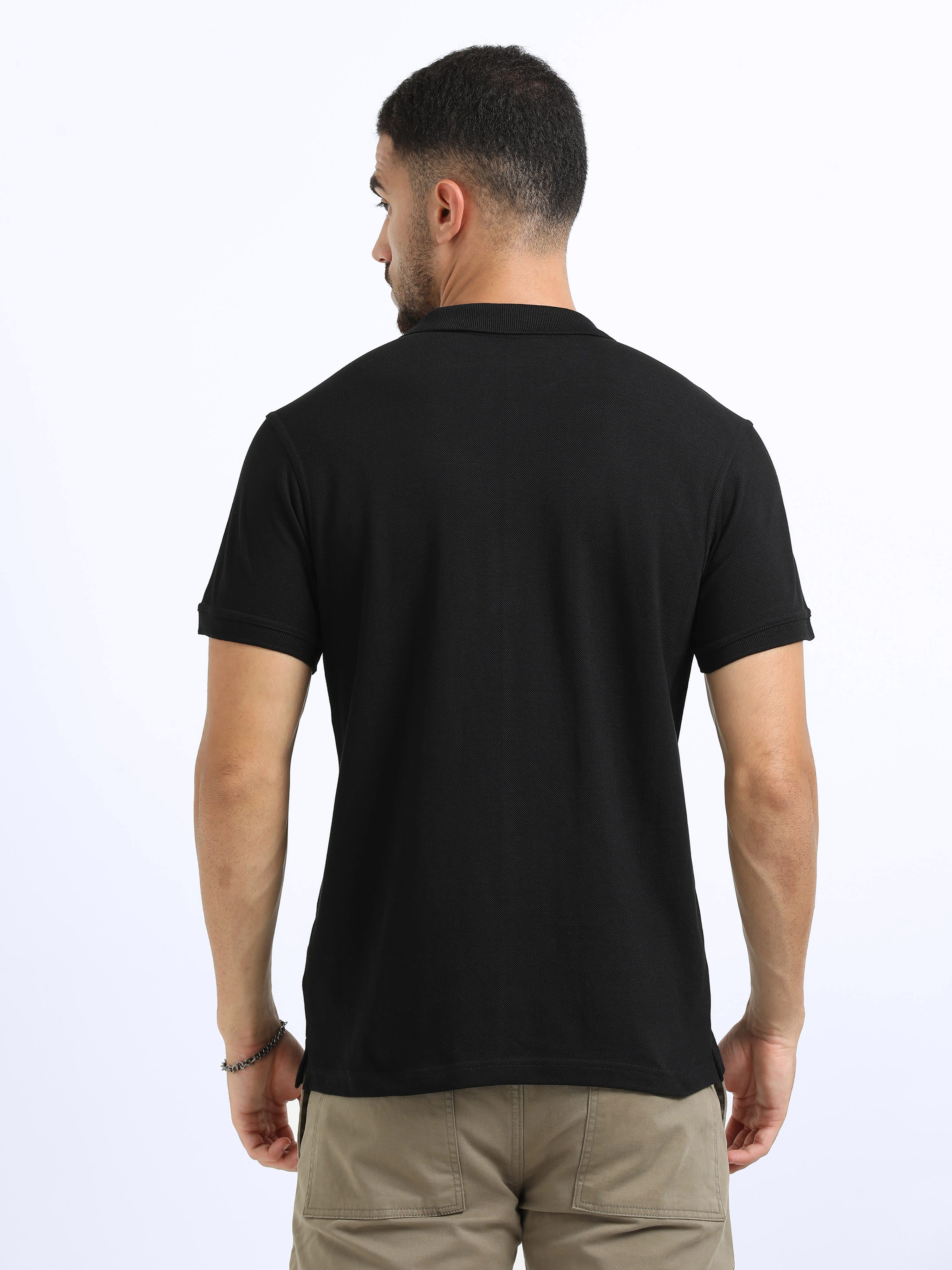 back view organic cotton polo tshirt for men Black