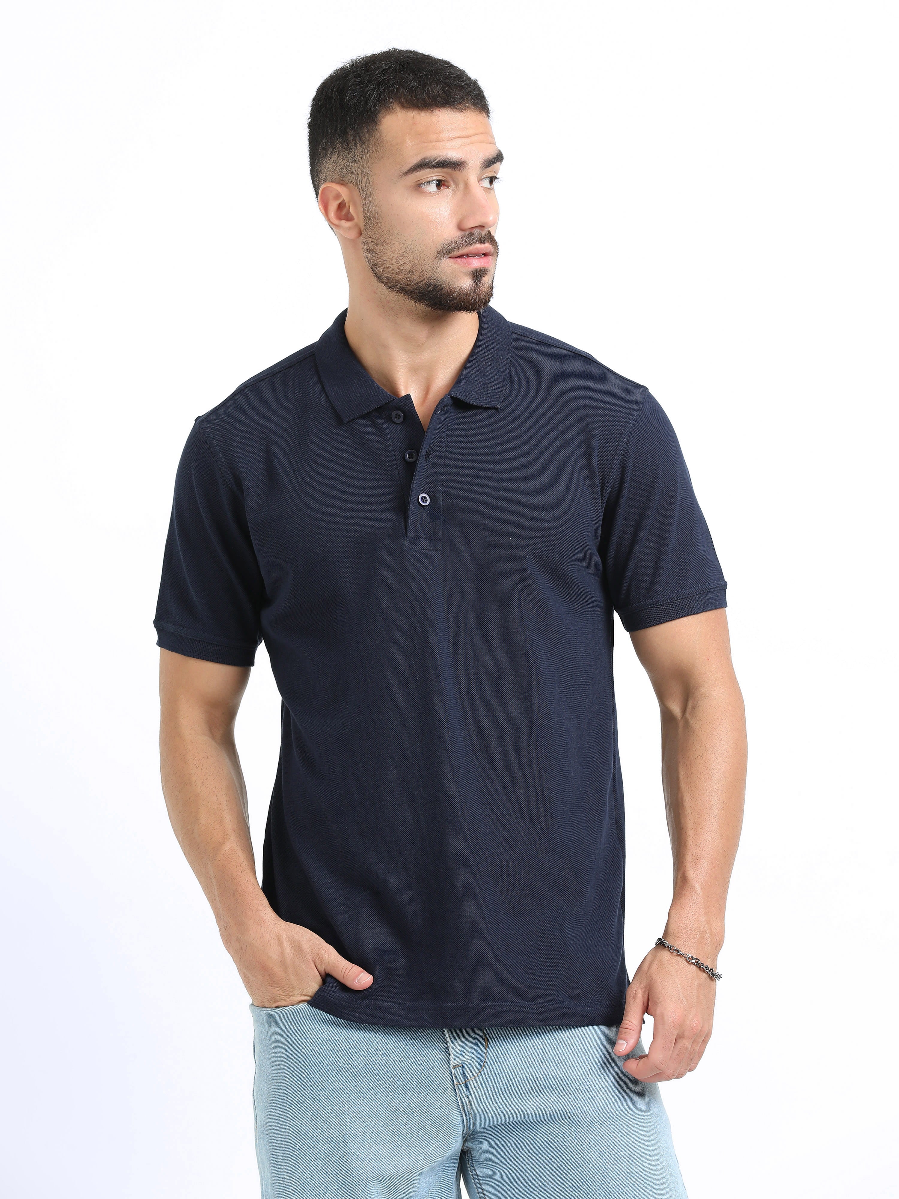 front view organic cotton polo tshirt for men Navy Blue