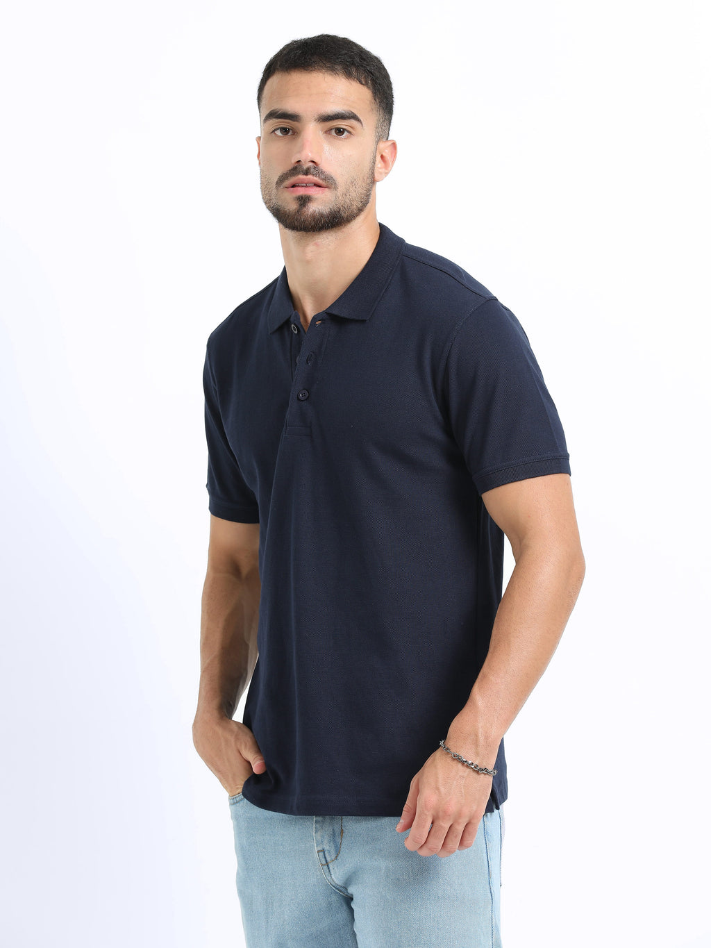 side view organic cotton polo tshirt for men Navy Blue