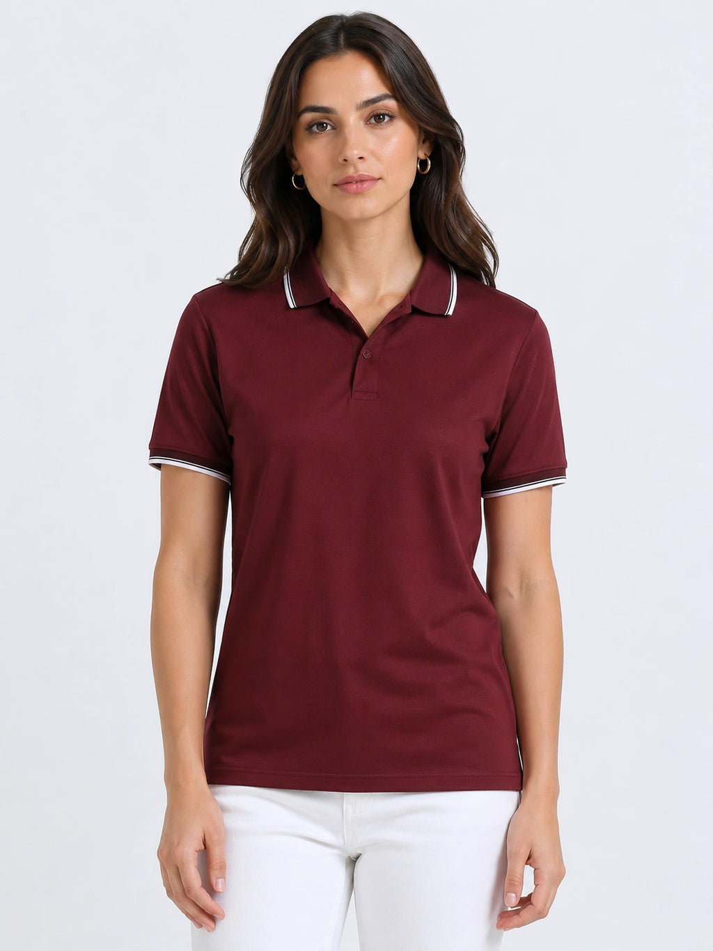 front view of primoknit drift polo tshirt unisex for women Maroon