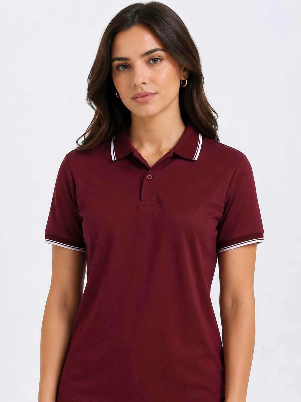 close view of primoknit drift polo tshirt unisex for women Maroon