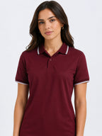 close view of primoknit drift polo tshirt unisex for women Maroon