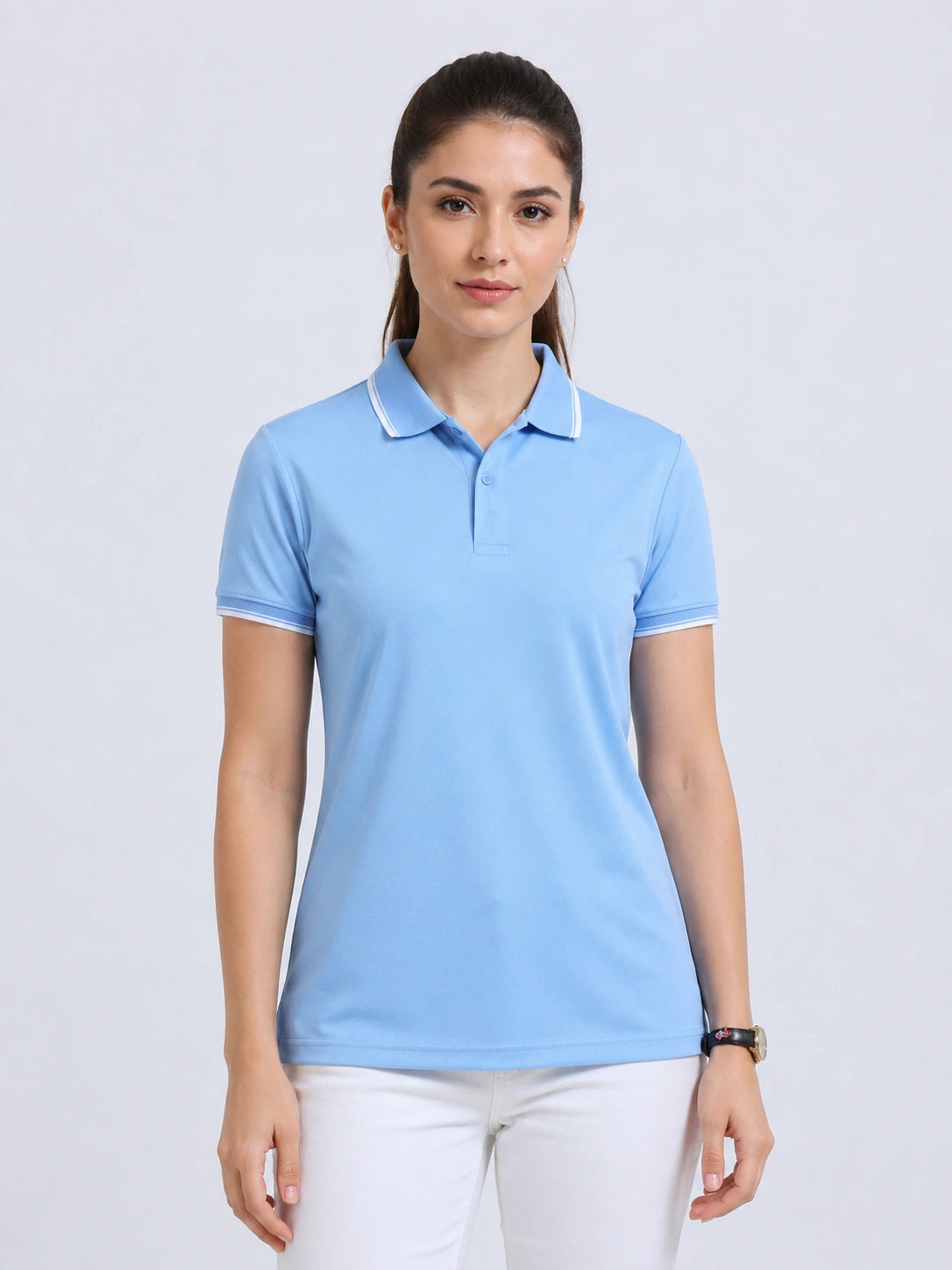 front view of primoknit drift polo tshirt unisex for women Sky Blue