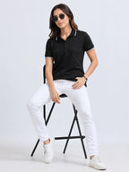 photo view of primoknit drift polo tshirt unisex for women Black