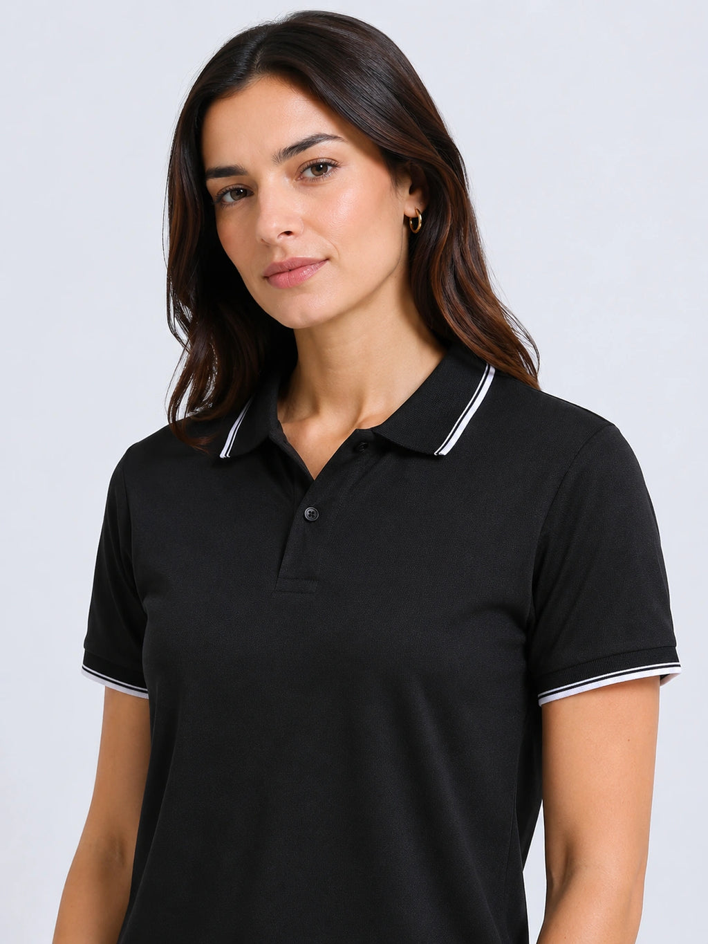 close view of primoknit drift polo tshirt unisex for women Black