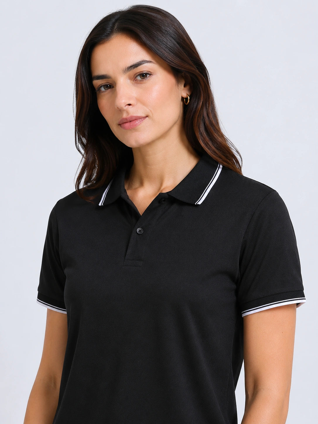 close view of primoknit drift polo tshirt unisex for women Black