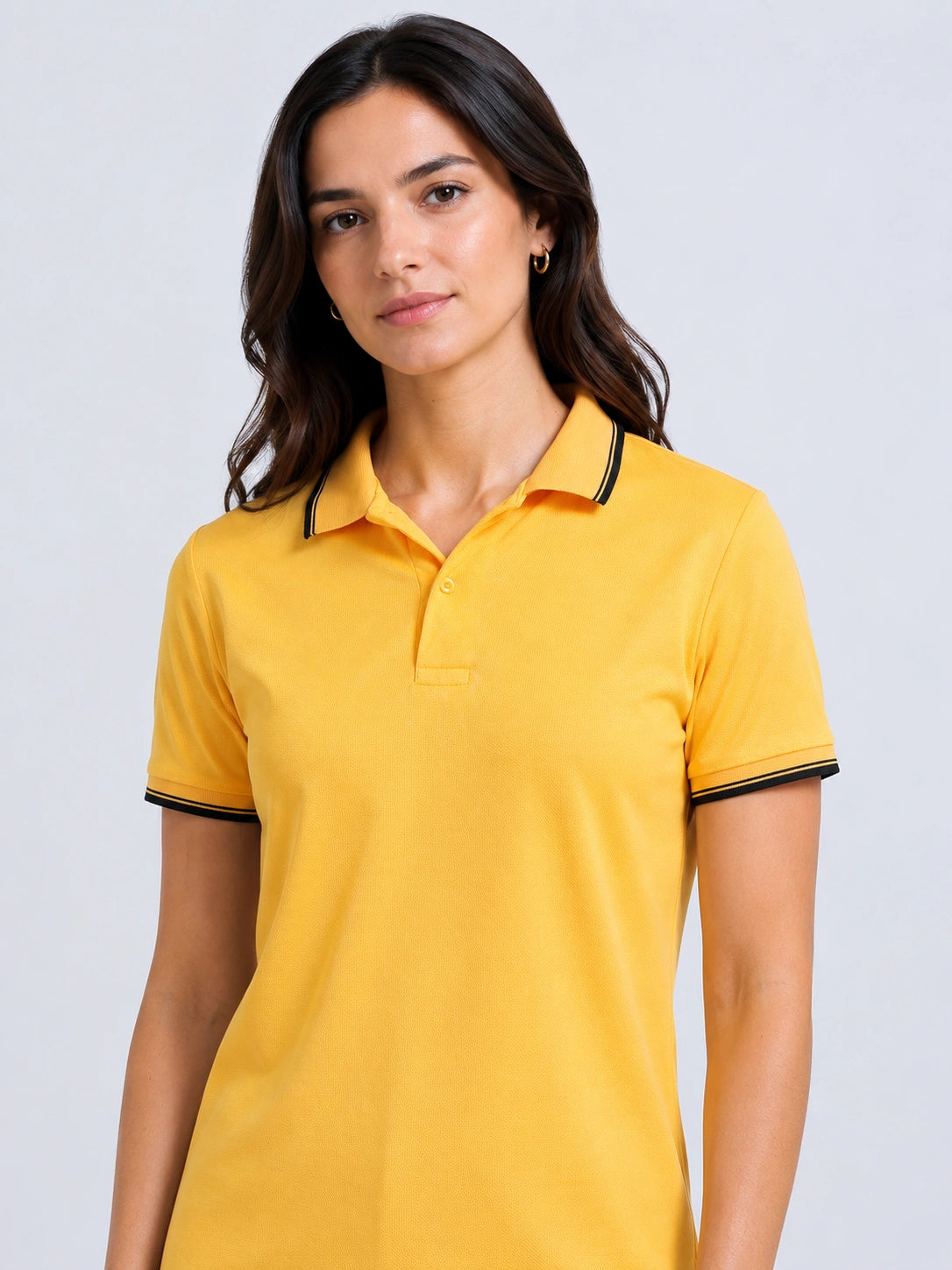 close up view of primoknit drift polo tshirt unisex for women Yellow