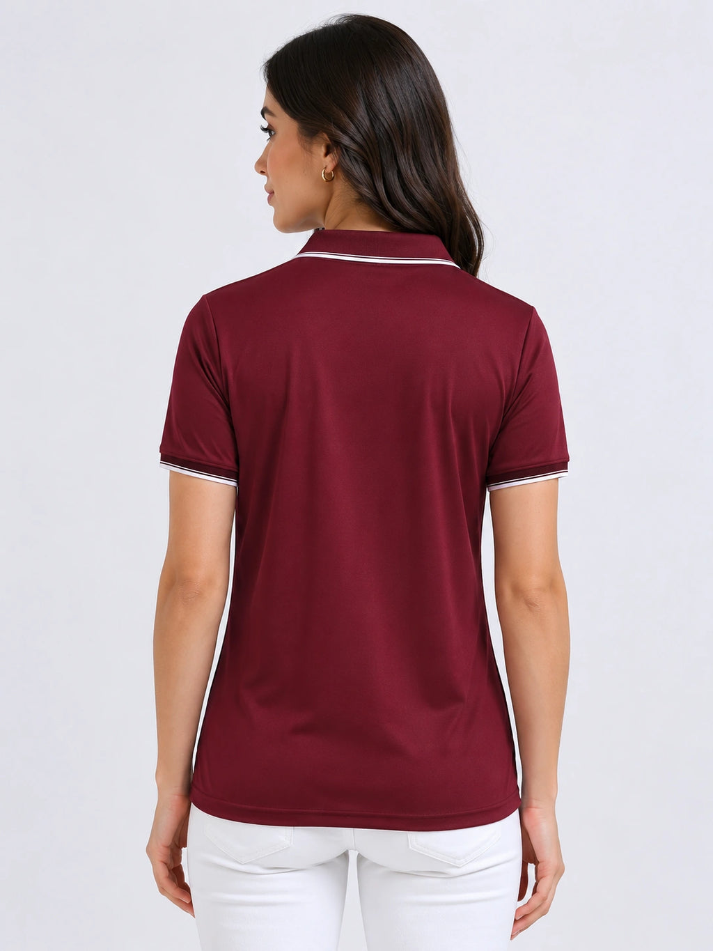back view of primoknit drift polo tshirt unisex for women Maroon