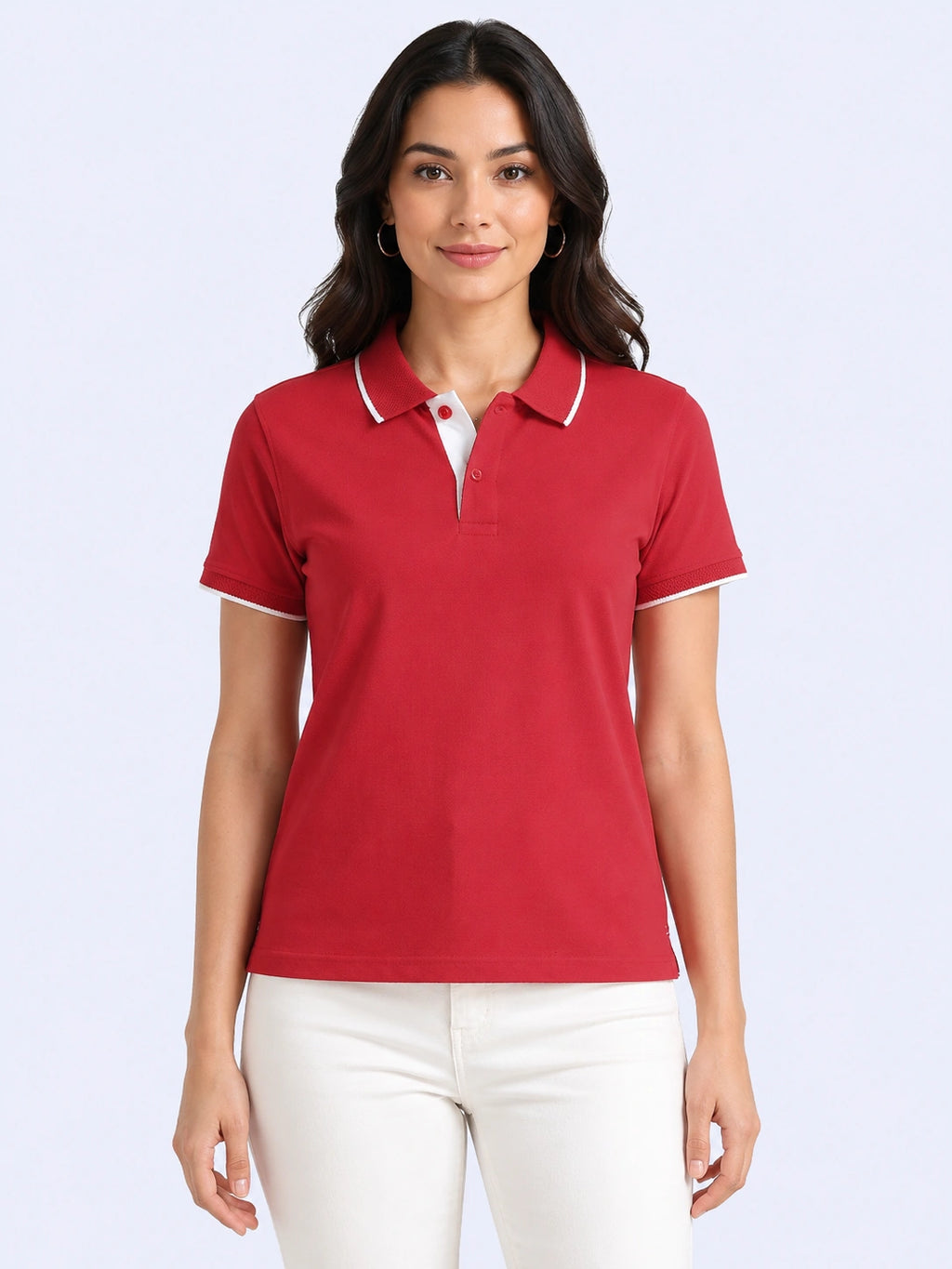 front view eco blend polo tshirt unisex for women Red