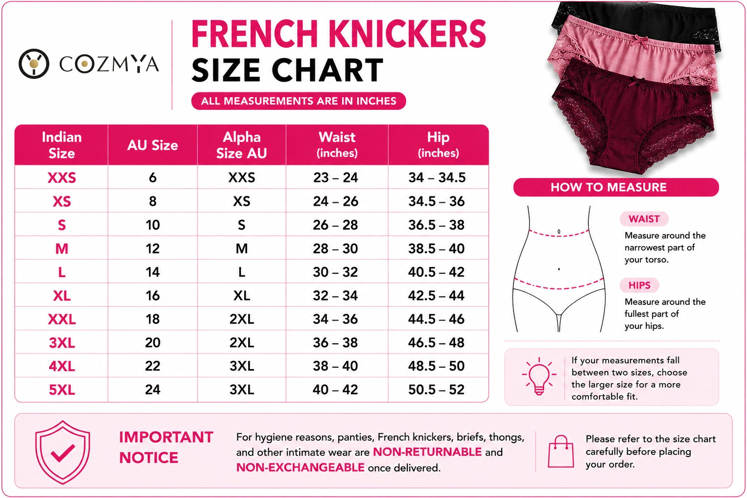 French Knickers size chart